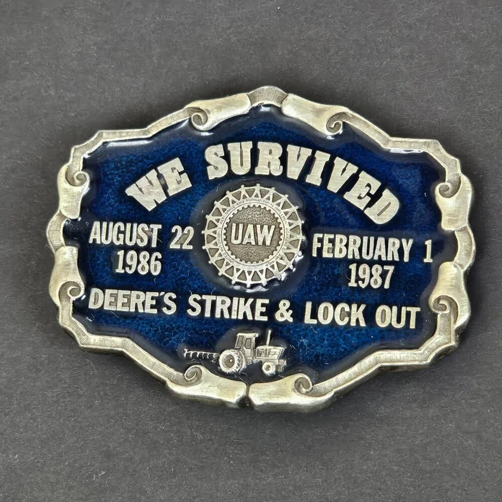 1986 1987‎ John Deere UAW United Auto Workers Strike Lock Out Belt Buckle Pewter